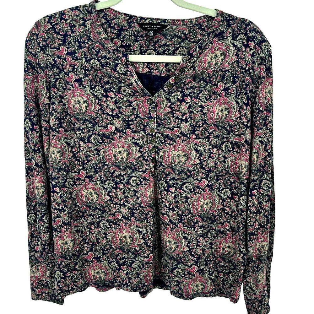 Lucky Brand Paisley Long Sleeve Qtr. Button Up Neck Casual Top, Size S, EUC